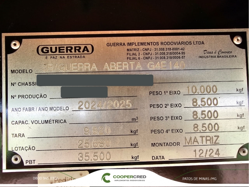 Graneleira 4º Eixo Guerra 0km 14m C/ Rodas de Alumínio Taxa 1,39%a.m.*