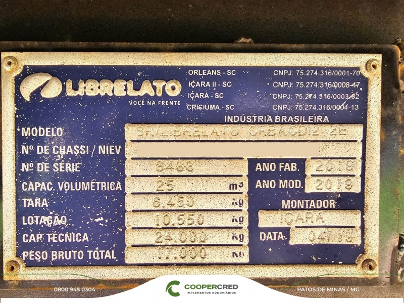 Bicaçamba Librelato 25m³ 2019 Lona Fácil Revisada