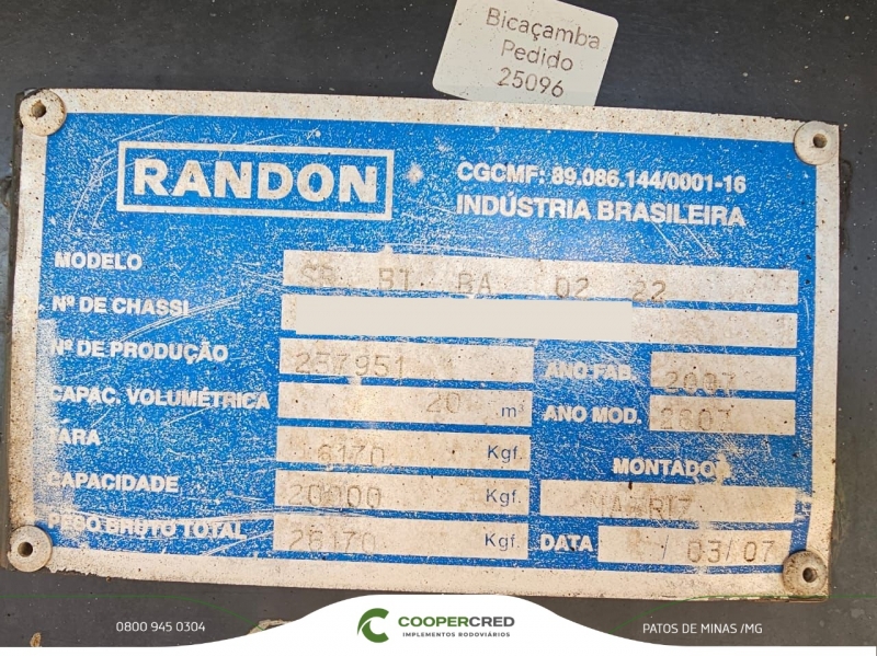 Bicaçamba Randon 2007 Lona Fácil 20m³ + Fominha