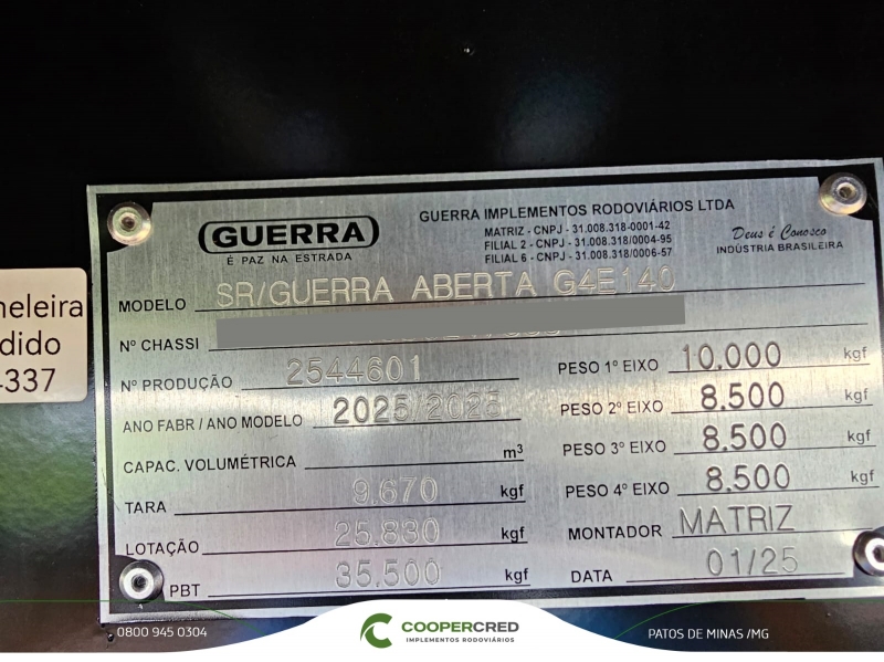 Graneleira Guerra 2025 Branca 13,5m Assoalho de Chapa