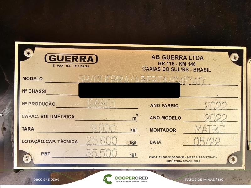 Graneleira 4º Eixo Guerra Seminova 2022 13,50m x 1,80m