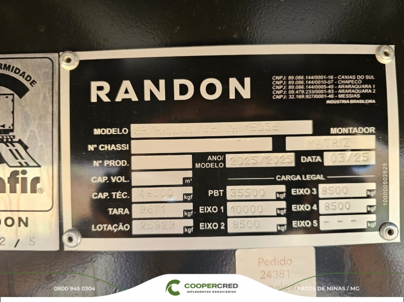 Graneleira 4º Eixo Randon 2025 Chapa + Rodas de Alumínio