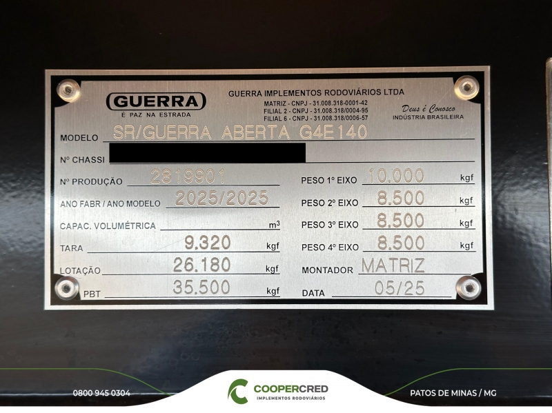 Graneleira 4º Eixo Guerra 0 KM 2025/2025 + Rodas de alumínio
