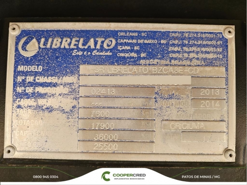 Bitrenzão Graneleiro Librelato 2013/2014 11,4m x 1,8m Lona Nova c/ pneus