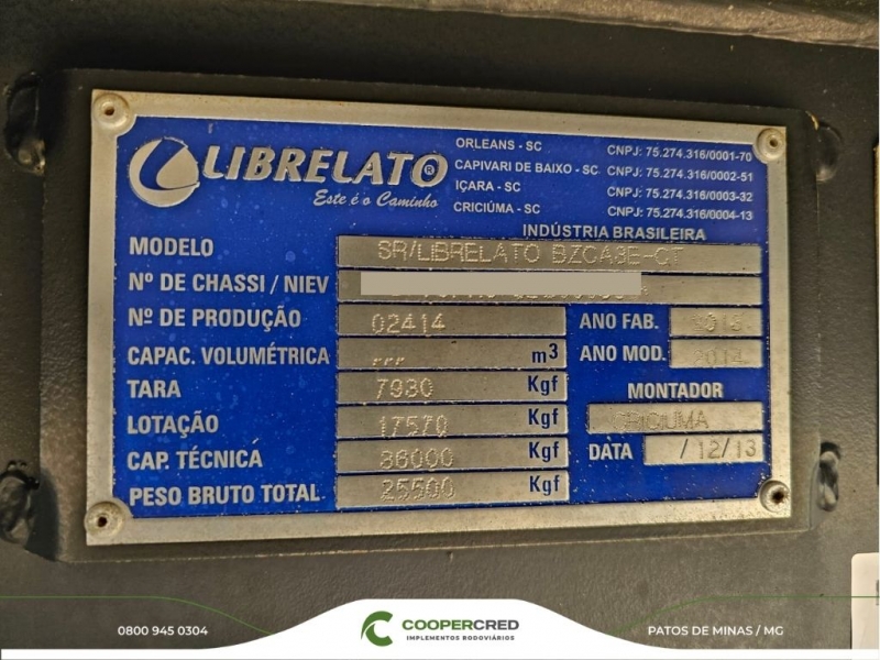 Bitrenzão Graneleiro Librelato 2013/2014 11,4m x 1,8m Lona Nova c/ pneus