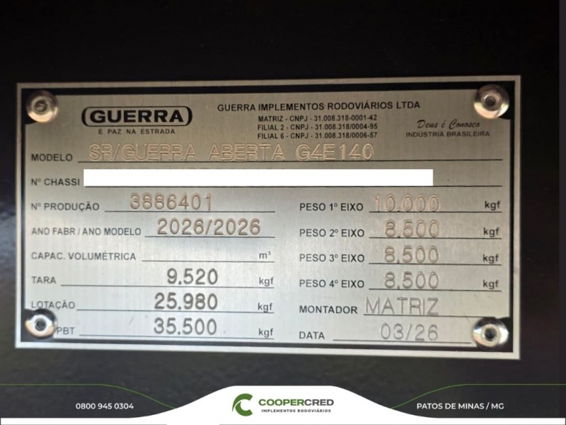 Graneleira 4º Eixo Guerra 2026/2026 13,50m Assoalho de Chapa