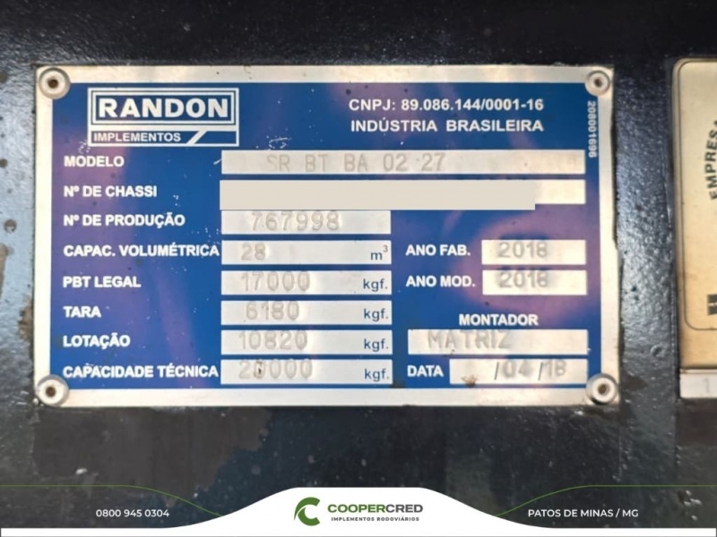 Bicaçamba Randon 2018 28m³ com Lona Fácil