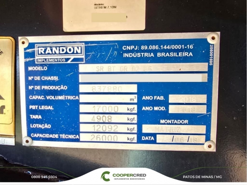 Bitrem Graneleiro Randon 2018/2018 7,10M X 1,80M