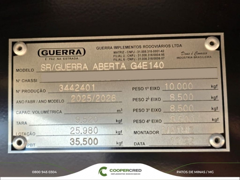 Graneleira 4º Eixo Guerra Preta 2025/2026 13,5M X 1,80M