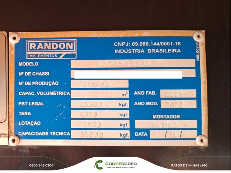 Graneleira 3 Eixos Randon 2021/2022 12,50m x 1,80m